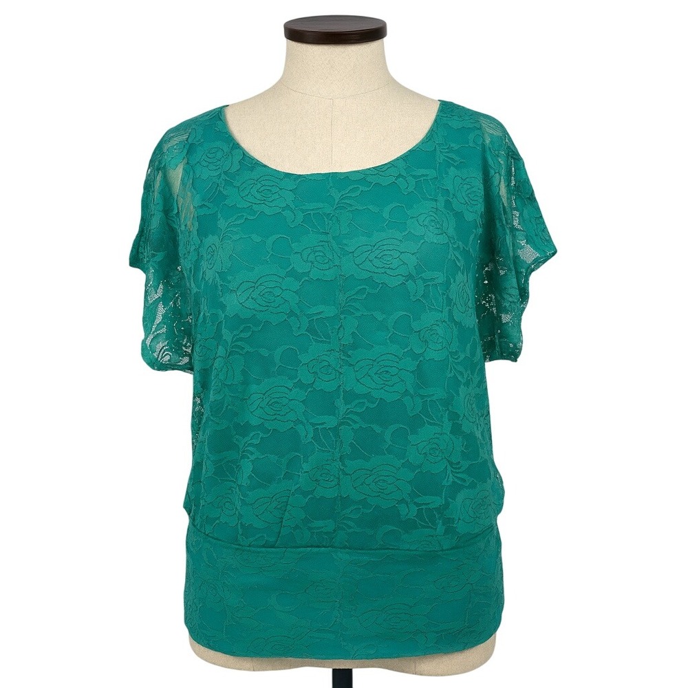 AB Studio Blouse L Green Lace Blouson Top Sheer Lined Overlay Banded Waist‎ Chic